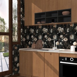 Fvlow Dark Wallpaper Floral Peel and Stick 17.4" x 118" Black White Contact Paper Vintage Watercolor Self Adhesive Covering for Bedroom Cabinet Bathroom Home Decor