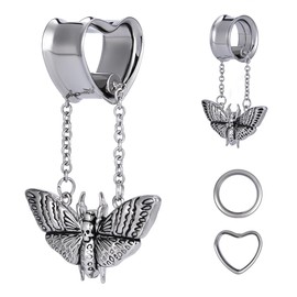 COOEAR Heart Gauges For Ears, Heart Tunnels Double Flared Plugs, Butterfly Dangle Plugs Earrings 7/8".