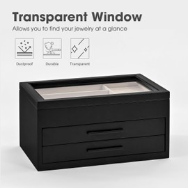 Arlo Belle Jewelry Box for Women, Jewelry Storage Organizer with Glass Lid, 3-Layer Jewelry Organizer, 2 Drawers, Modern Style for Earring, Ring, Necklace, Bracelets