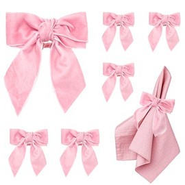 Juego de 6 servilleteros de terciopelo hechos a mano con lazo rosa para servilletas, servilletas, pajarita, hebillas para Navidad, boda, Acción de Gracias, cena, banquete, decoración de mesa