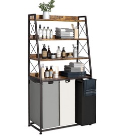 Herture Laundry Basket, 3 Section Laundry Hamper with 4 Tiers Shelf, Pull-Out and Removable Laundry Bags, Large 3 x 15.87 Gallons, for Laundry Room Bathroom Rustic Brown PF05XLN