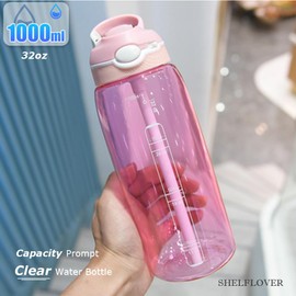SHELFLOVER Pink Water Bottle With Narrow Straw, BPA FREE Clear Bottles With Handle One Hand Use Easy Carried, Flip Up, Suit School, Office, Gym, Office For Women, 32oz (1000ml)