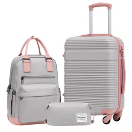LONG VACATION Luggage Set Lightweight Carry on Suitcase ABS Hardshell Luggage TSA Lock Spinner Wheels(3 piece set (BP), GREY-PINK)