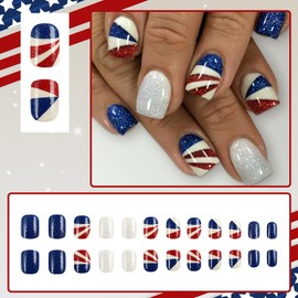4th Of July Press On Nails Short Square Fake Nails For America Independence Day Glue On Nails With Glitter Design False Nails Full Cover Stick On Nails For Women Nails Accessories 24Pcs