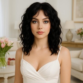 Women's Wig Black Natural Black Curly Wave Medium Length Shoulder Length with Fringe Tiered Fluffy Synthetic Heat Resistant