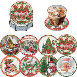 8 Pack Christmas Diamond Art Coaster Kit, Gingerbread Man Penguin SnowmanAdult Diamond Painting Coaster Kit,5D DIY Full Drill Diamond Dot （with Holder） 4x4 Inch