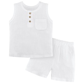 Weixinbuy - Conjunto de ropa de verano para bebés y niños, de algodón y lino, sin mangas, con bolsillo, playera, conjunto corto, Blanco, 18-24 Meses