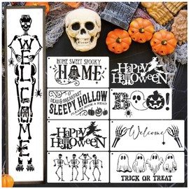 10 Pieces Halloween Stencils for Painting on Wood Reusable Large Skeleton Welcome Stencils Boo Happy Halloween Trick or Treat Stencil for Porch Sign Door Hanger Doomat (10 Welcome)