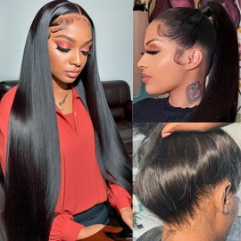 360 lace front perruque cheveux humains cheveux raides sans colle HD transparent lace front perruque cheveux humains pré - peigné cheveux de bébé colour natural 20 pouces