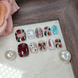 Short Square Press on Nails Handmade False Nails with 3D Designs/Charms, Cute Reusable Fake Stick on Acrylic Tips (Rose Garden, Medium)
