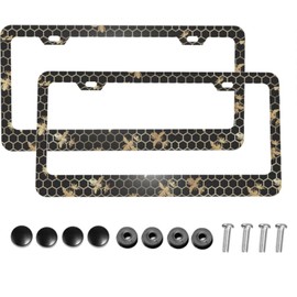 Foruidea Gold Queen Bees and Honeycomb Matte Aluminum License Plate Frame with Black Screw Caps，2pcs 2 Holes Black Licenses Plates Frames,Car Licenses Plate Covers Holders for Us Vehicles/Women/Men