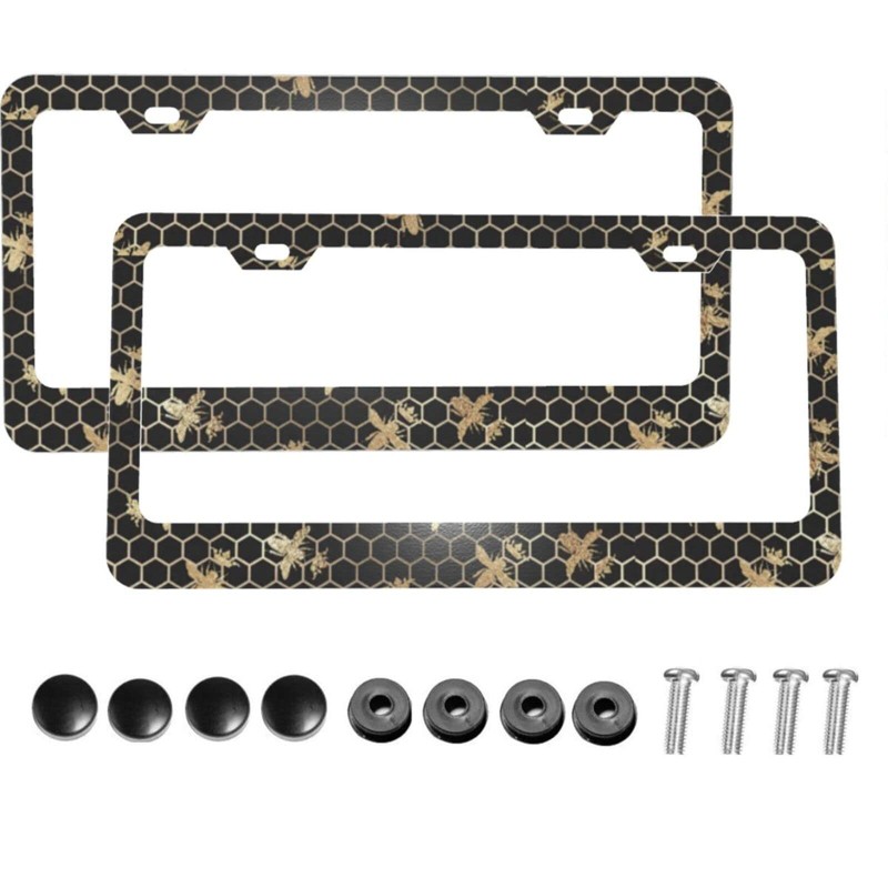 Foruidea Gold Queen Bees and Honeycomb Matte Aluminum License Plate