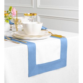 Solino Home Cornflower Blue and White Linen Table Runner 120 Inches Long - Contempo, 100% Pure Linen Easter Table Runner 14 x 120 Inch Ideal for Wedding, Parties