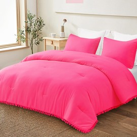 Exclusivo Mezcla Boho Pom Pom Ball Fringe Twin Comforter Set, 2 Piece Hot Pink Lightweight Down Alternative Bedding Comforter Sets for All Seasons (1 Comforter and 1 Pillowcase)