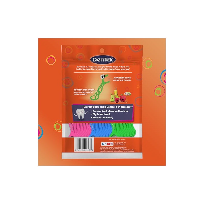 Dentek Kids Fun Flossers with Advanced Fluoride Coating | Removes