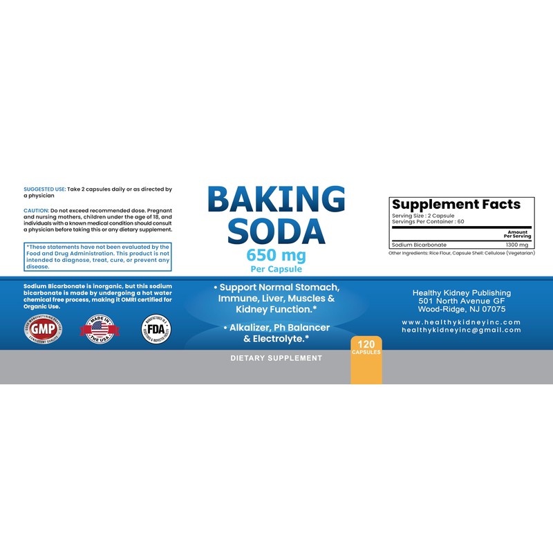 Natural Baking Soda Capsules - 650mg Baking Soda Tablets for