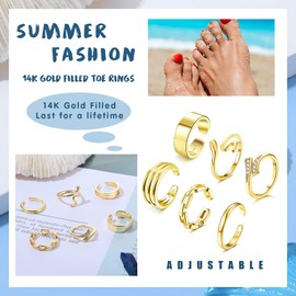FIOROYAL 6Pcs 14K Gold Filled Toe Rings Adjustable Gold Toe Ring Set for Women Girls Cubic Zirconia Heart Chain Open Toe Rings Summer Beach Foot Jewelry
