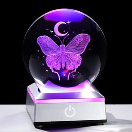 Ornalrist 3D Crystal Butterfly Ball Gifts for Women, Gifts Ideas for Wife Mom Girlfriend Couple Her, Butterfly with Star Moon in Crystal Ball 3.15in with Colorful LED Light Base Home Office Decor