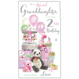 Jonny Javelin Special Granddaughter 2nd Birthday Card - Age 2 - Balloons, Gifts and Teddies Embossed with Foil and Flitter Details
