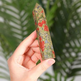 QINJIEJIE Unakite Crystals Tower 4 Inch Large Healing Stone Crystal Stone Towers 1 Piece Rock Crystal Hexagonal Point Bars Gemstones for Wicca Crystal Grid Reiki Meditation 9-10 cm