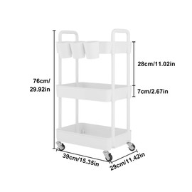 UDEAR 3-Tier Rolling Utility Cart,Multifunctional Storage Shelves with Handle and Lockable Wheels for Room,Office,Kitchen,Bathroom,with 3 Hanging Cups,White