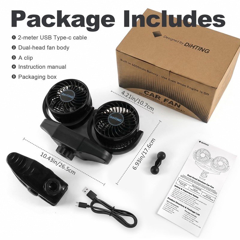 6000mAh Rechargeable Dual Car Fan for Backseat, 3-Speed Separate Controlled
