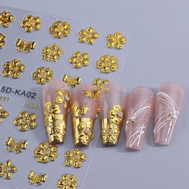 2 Sheets Gold Nail Stickers 3D Self-Adhesive Golden Flower Nail Supplies Laser Blue Floral Nail Decals Aurora Daisy Hibiscus Nails Designs for Women Girls DIY Manicure