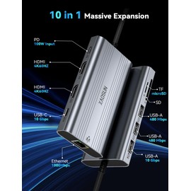 XAOSUN USB C Docking Station Dual Monitor, 10Gbps USB C HUB with 2 HDMI 4K@60Hz, 10 in 1 USBC Dock with 10Gbps USB A and C, Gigabit Ethernet, PD 100W, SD/TF (microSD) for Lenovo/Mac/Dell/HP/XPS