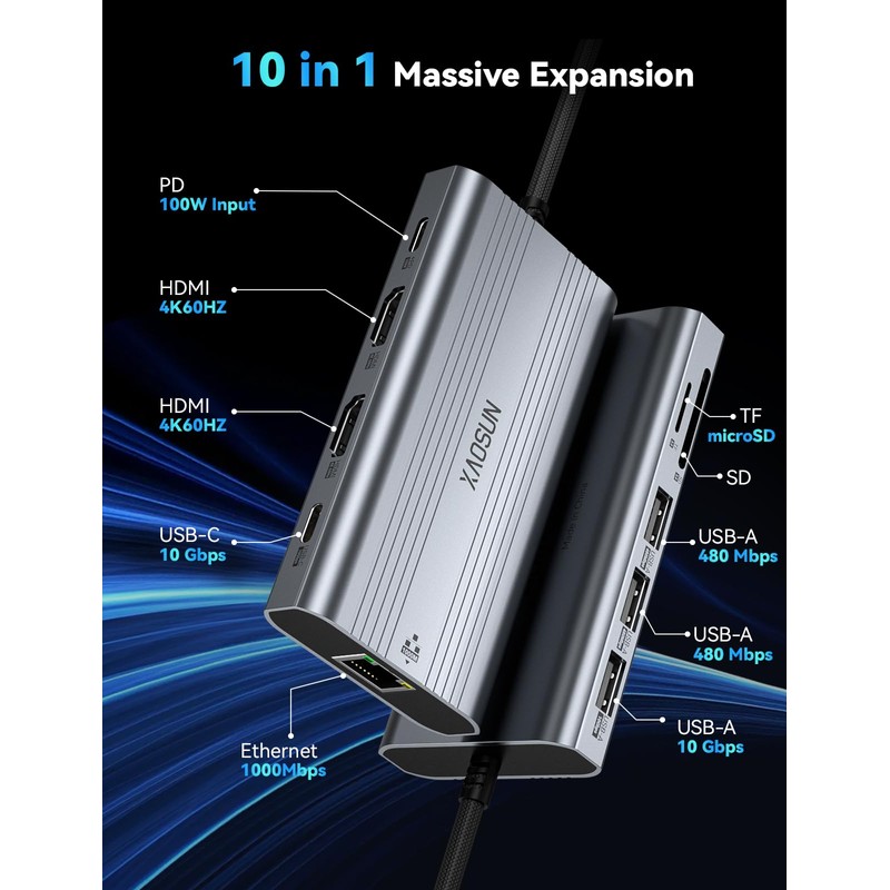 XAOSUN USB C Docking Station Dual Monitor, 10Gbps USB C