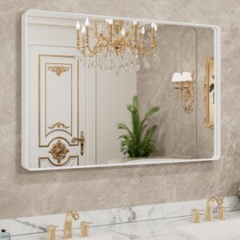 LOAAO 40x32 Inch White Metal Framed Bathroom Mirror for Wall, White Bathroom Vanity Mirror Farmhouse, Large Rounded Rectangle Mirror, Anti-Rust, Tempered Glass, Hangs Horizontally or Vertically