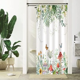 Uiiooazy Eucalyptus Shower Curtain, Green Palm Leaves Mushroom Butterfly Pattern, Bathtub Curtain, Anti-Mould, Waterproof, Polyester Fabric, Washable, Bathroom Curtain with Hooks, 90 x 180 cm