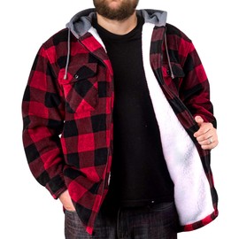 Trail Crest Mens Buffalo Plaid Classic Sherpa Lined Zip Up Hooded Shirt Jacket, Red, Medium
