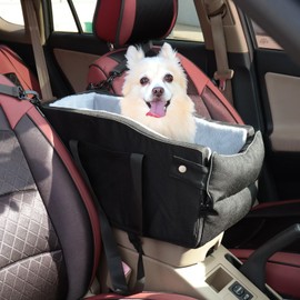 Center Console Dog Car Seat for Small Dogs Up to 12lbs, Detachable Armrest Pet Car Seat, Portable Middle Console Dog Booster Car Seat with Adjustable Straps & Storage Pocket (Black, Medium)