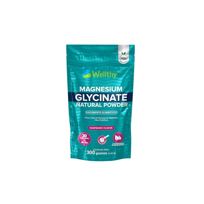 Wellthy Glicinato de Magnesio 300g Sabor Raspberry. 30 Porciones, Equivalente