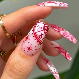 SINHOT Square Press on Nails Medium Fake Nails Glossy Glue on Nails Red Graffiti Acrylic Nails Squoval Artificial Nails White French Tip False Nails with Design 24 pcs