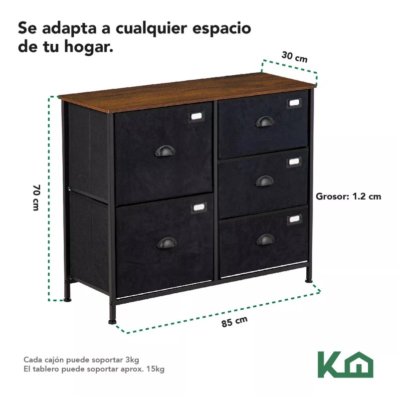 Kingshouse Comoda Cajonera De 5 Cajones Tela Estructura Acero Madera