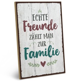 ARTFAVES® Wooden Sign with Saying ‘Echte Freunde zahlt Man zur Familie’ Shabby Chic Vintage Look Gift for Friendship / Family, Size: 19 x 28 cm.