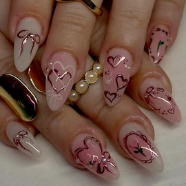 Bow Press on Nails Medium Almond Fake Nail with Rhinestones Flowers Designs Red Heart False Nails Full Cover Stick on Nail Pink Gradient Glue on Nails Acrylic Artificial Nail for Women 24 Pcs