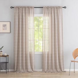 YJ YANJUN Linen Like Bohemian Curtains French Country Neutral Curtains for Living Room Farmhouse White Striped Embroidery Light Airy Brown Sheer Curtains for Bedroom Dining Room Nursery 52" W x 96"