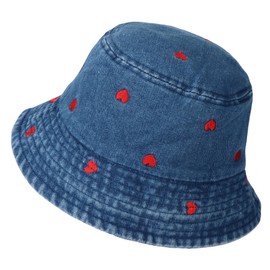 Women's Denim Bucket Hat – Heart Print Wide Brim UV Protection Lightweight Autumn Outdoor Fisherman Hat for Casual Travel Streetwear