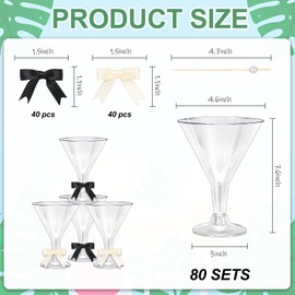 FYSUIMU 80 Pack 7oz Plastic Martini Glasses with Pearl Cocktail Picks and Black Champagne Bow Disposable Goblet Clear Stemmed Wine Cup for Margarita Dessert Bachelorette Bridal Shower