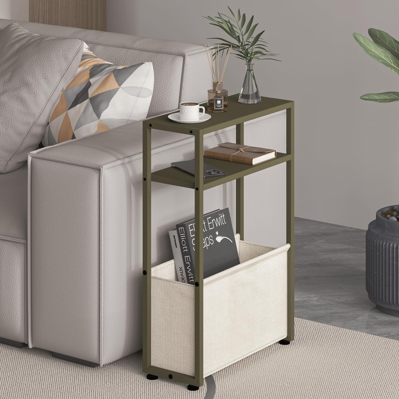Leomonio Narrow Side Table, Slim End Tables with Fabric Basket,