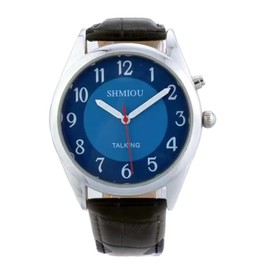 SHMIOU English Talking Watch for Men for The Blind Visually Impaired Elderly Black PU Leather Watch Band Blue Dial Speaking Wrist Watch Quartz with Alarm
