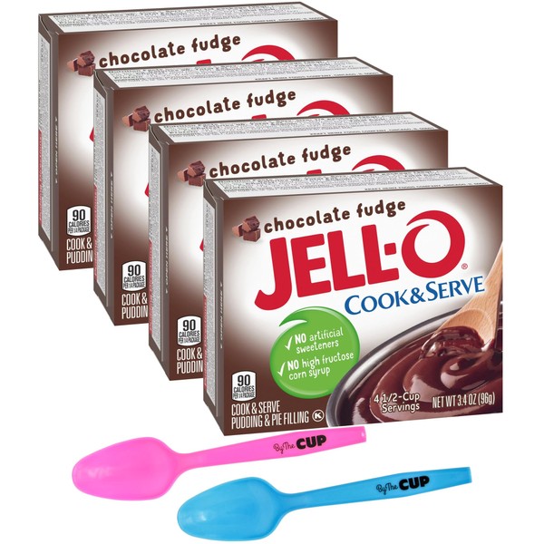 Jell-O Chocolate Fudge Cook & Serve Pudding Mix, 3.4 oz Box (Pack of 4) with By The Cup Mood Spoons