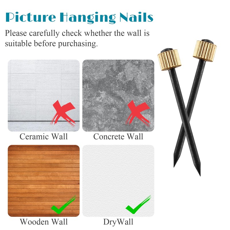Bonsicoky Picture Hanging Nails, Black Steel Nails and Brass Head