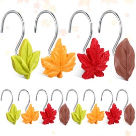 Cinnvoice 12 Pcs Maple Leaf Shower Curtain Hooks Fall Autumn Decorative Green Orange Red Maple Leaves Shower Curtain Hooks Metal Rustproof Hangers Rings for Bathroom Thanksgiving Decor