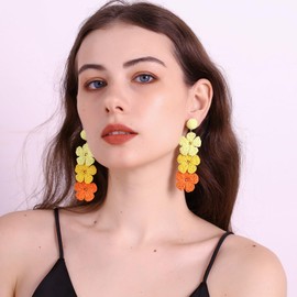 RUOFFETA Raffia Flower Earrings, Raffia Straw Wrapped Flower Drop Dangle Earrings Summer Tropical Beach Jewelry(Orange Ombre)