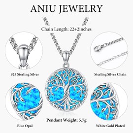 Aniu 925 Sterling Silver Tree of Life Necklace Blue Opal Celtic Pendant Natural Opal Celtic Tree Necklace For Women Men Family Tree Necklace Birthday Anniversary Christmas Gifts Jewelry