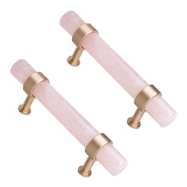 KYEYGWO 2 Pcs Natural Rose Quartz Crystal Cabinet Knobs with Screws, Polished Gemstone Pulls Brass Handles for Cupboard Drawer Dresser Wardrobe
