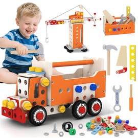 deAO Children's Montessori Wooden Toy, 124 Pieces Tool Box, Children's Tool Set, Tool Trolley, Tool Crane, Tool Robot Children, Montessori Educational Toy, Building Kit, Educational Games from 3 Years